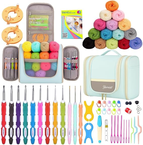 Yarniss Crochet Kits for Beginners,Complete Crochet Kit with Bag,Mint | 1050 Yards Crochet Yarn & 12 Size Ergonomic Crochet Hooks,Learn to Crochet with Step by Step Video Tutorial
