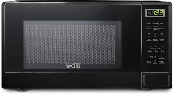 COMMERCIAL CHEF 1.1 Cu Ft Microwave with 10 Power Levels, Small Microwave with Push Button, 1100W with Kitchen Timer, Door Lock, Digital Controls, Black