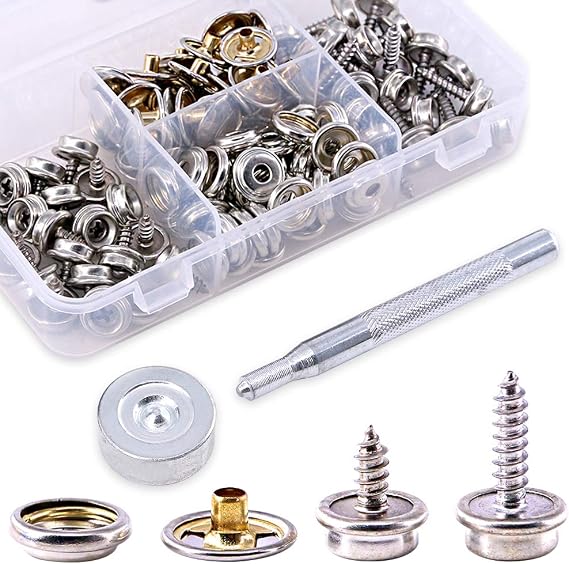 Glarks 120-Pieces Stainless Steel Marine Grade Canvas and Upholstery Boat Cover Snap Button Fastener Kit with 2Pcs Setting Tool (40 Sets)- Silver