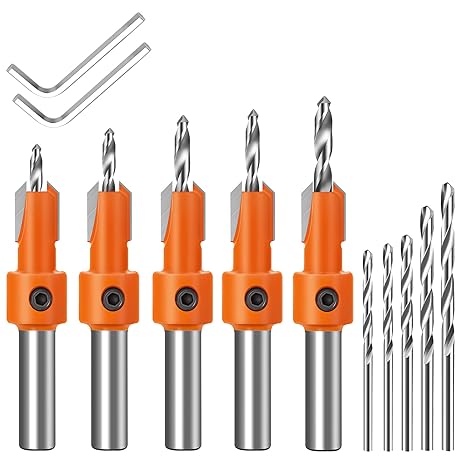Lytool Countersink Drill Bit Set,5 Pcs Counter Sink Bits for Wood,Tapered Drill Bits for Woodworking,Round Shank,Allen Wrench, Wood Screw Counter Sinker Drill Bits with Depth Stop,Pilot Screw Hole Set