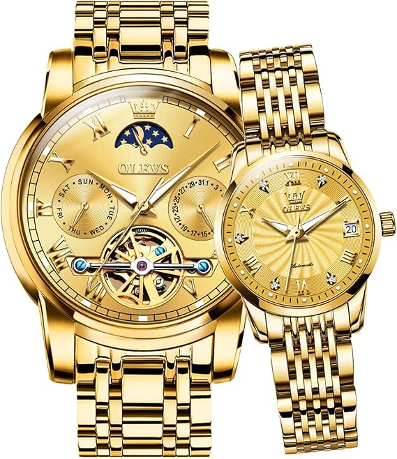 OLEVS Couple Pair Watch Automatic for Men and Women His and Hers Watches Set Gifts Mechanical Self-Winding Tourbillon Big Face Dress Wristwatch with Day Date Calendar Two Tone
