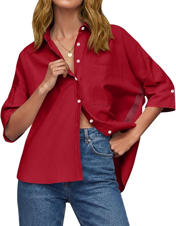 Cicy Bell Womens Oversized Button Down Shirts Half Sleeve Collared Tops