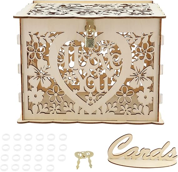 Joyzan DIY Wood Wedding Card Box, Rustic Wed Gift Money Holder with Lock