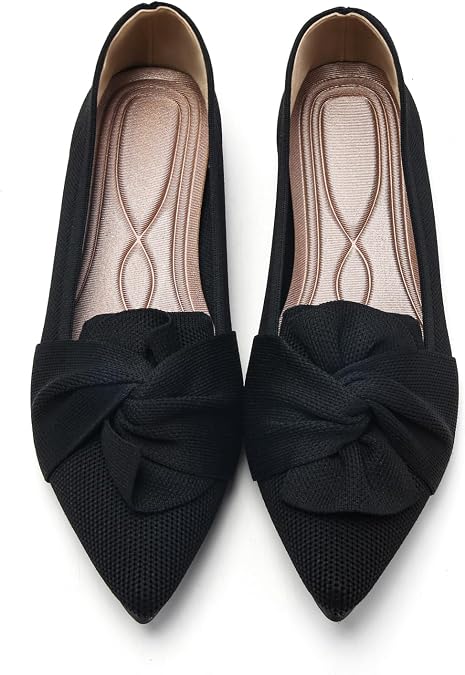 HIULYCENCE Flats for Women Pointed Toe Ballet Flats | Comfortable Knit Breathable Dressy Casual Flats with Bow for Business Work Office Walking Flat Shoes
