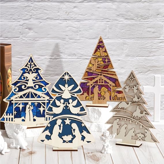 DoubleFill 4 Pcs Wooden Nativity Tree Kit 8.6x6.7, Prayer