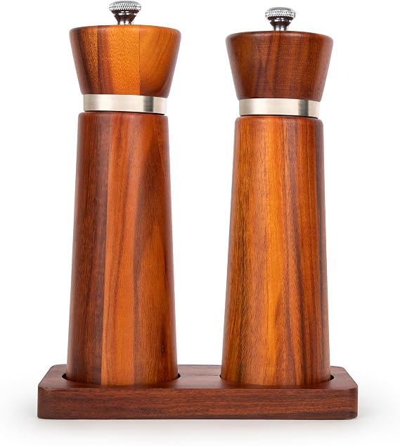 Besti Wooden Salt and Pepper Grinder Set with Tray - Striped Acacia Refillable Grinders for Salt, Pepper, Seasonings, Reusable Pepper & Salt Mill - Kitchen & Dining Table (7" Acacia)