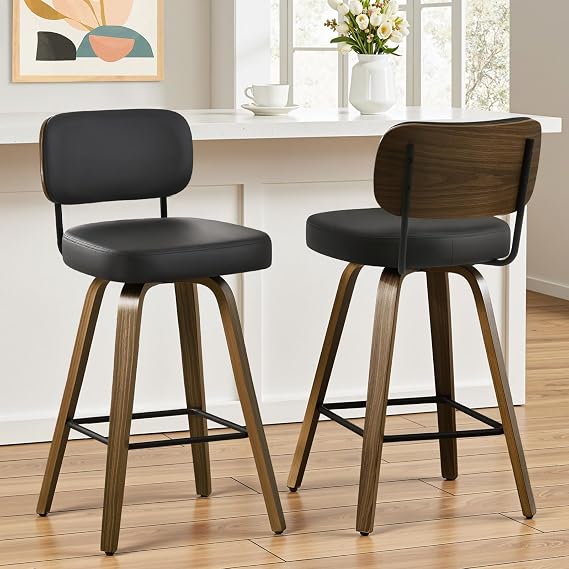 26" Counter Height Swivel Bar Stools Set of 2 with Back, Black