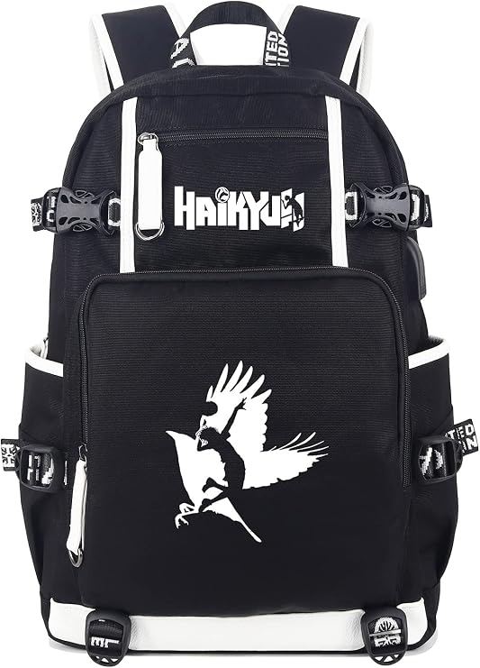 Roffatide Anime Haikyuu Laptop Backpack Printed Luminous Schoolbag Rucksack with USB Charging Port & Headphone Port Black
