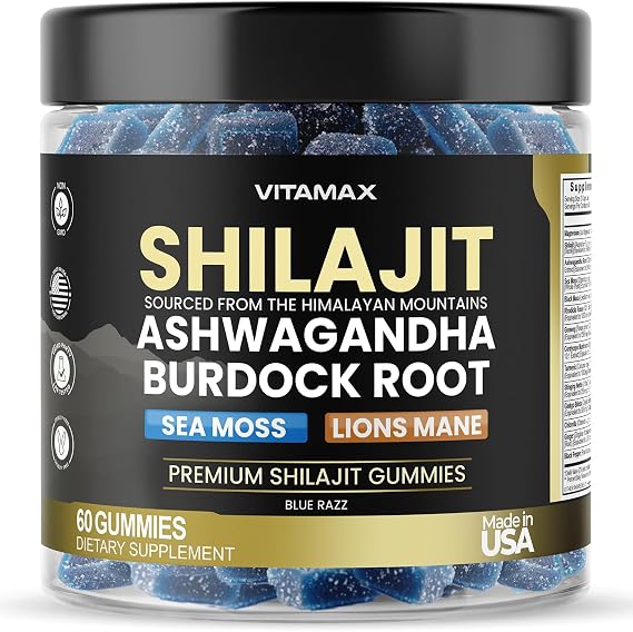 Pure Shilajit Gummies, Sea Moss, Ashwagandha, 105+ Trace Minerals Organic Burdock Root & Lions Mane Mushroom - Blue Razz Vegan & Non-GMO Made in USA 60ct