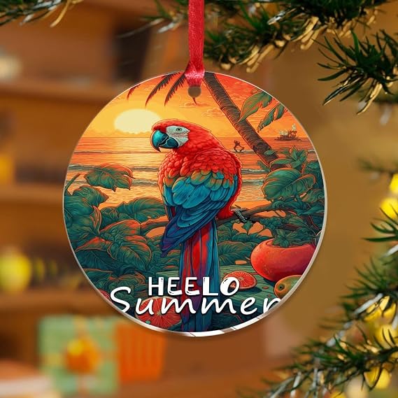 3" Acrylic Christmas Ornaments 2025 Parrot Hello Summer Elegant Xmas Ornament Bauble Xmas Tree Decoration Tiki Bar Pool Hot Tub Luau Keepsake Transparent Disc Stocking Name Tag