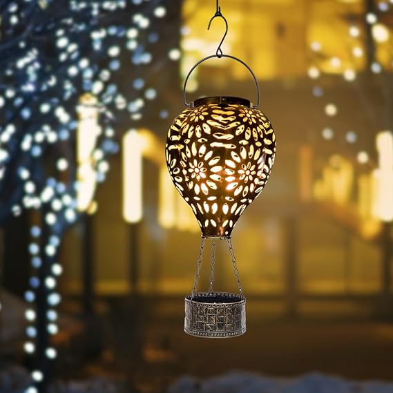 Hot Air Balloon Solar Lantern,Hanging Lantern Outdoor Solar Lights | Trees Patio Garden Yard Porch Decor, Gold