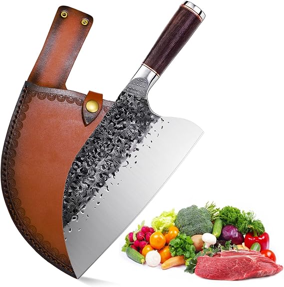 Smith Chu Serbian Meat Cleaver Knife, Hand Forged Butcher Knife with Sheath