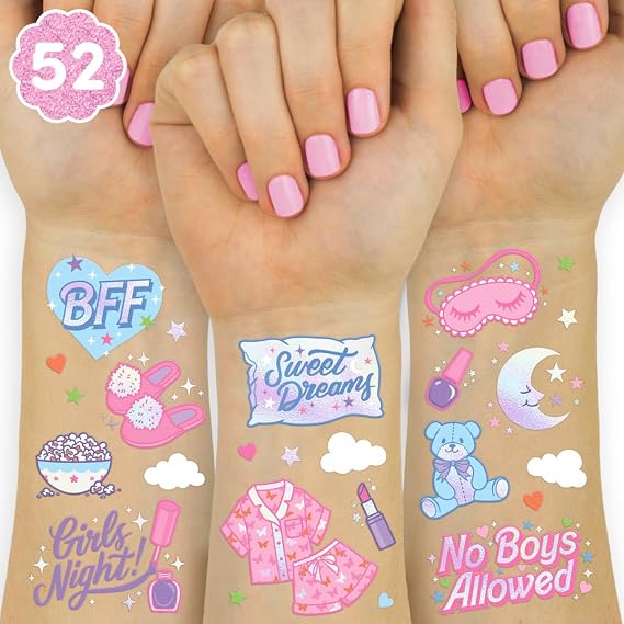 xo, Fetti Pink Sleepover Party Temporary Tattoos for Girls - 52 styles | Pink Birthday Party Supplies, Girls Movie Night Goodie Bag Favors, Cute Bday Decorations, Easter Basket, Stocking Stuffer | Sleepover Party, 52 styles, Party Supplies, Movie Night Goodie Bag, Cute Bday Decorations, Easter Basket, Stocking Stuffer