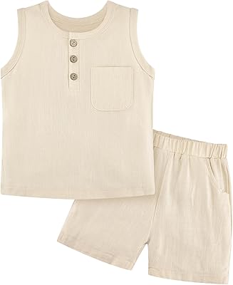Weixinbuy Toddler Baby Boy Outfits Summer Clothes Set Cotton Linen Sleeveless Pocket T-Shirt Tops Shirt Short Outfit Set