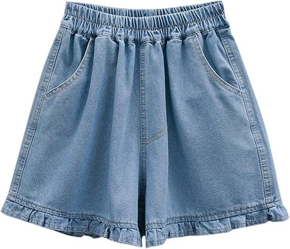 Loose Ruffle Trim Short Jeans for Women 2026 Summer Wide Leg Baggy Denim Shorts Elastic Waist Casual Jorts