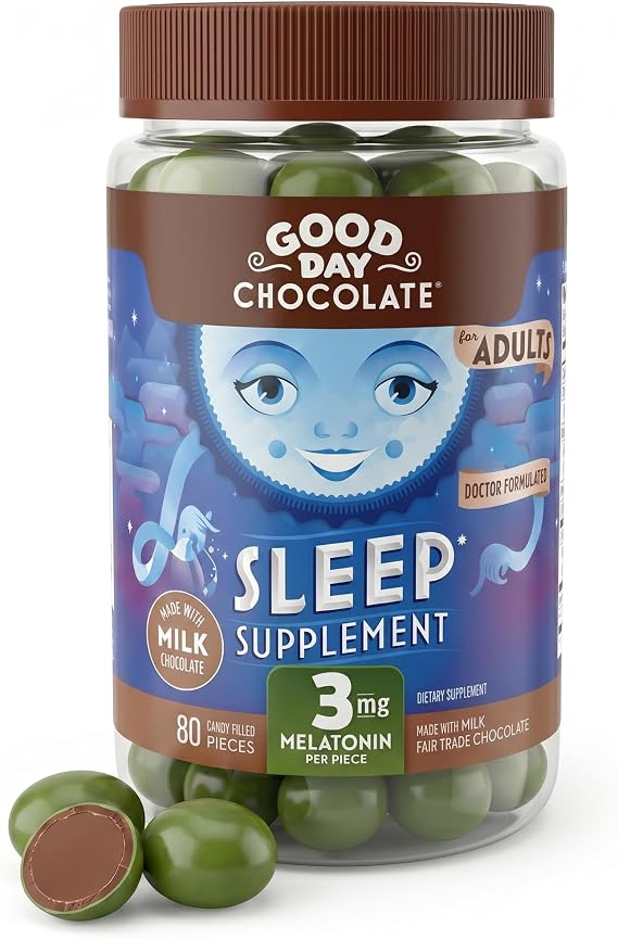 Good Day Chocolate Melatonin for Adults [ 80 Count ] - Fair Trade Non-GMO Chocolate with Chamomile and Melatonin 3 mg - Adult Melatonin, Adult Natural Sleep Aid Supplement