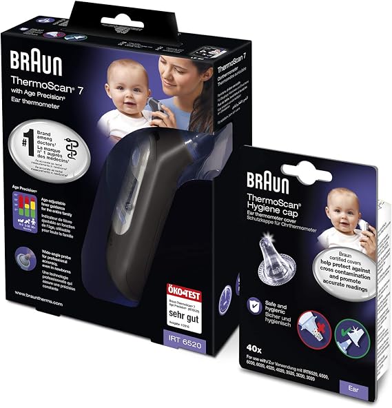 Braun ThermoScan 7 Ear Thermometer with Age Precision - Black Edition plus, Braun ThermoScan Lens Filters, Pack of 40
