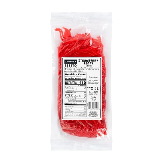 Kervan Candy Bebeto Strawberry Licorice Laces - Red Shoestring Licorice Laces for Braiding, Decorating Baked Goods & Making Knots - Soft & Chewy Candy (2 lbs)