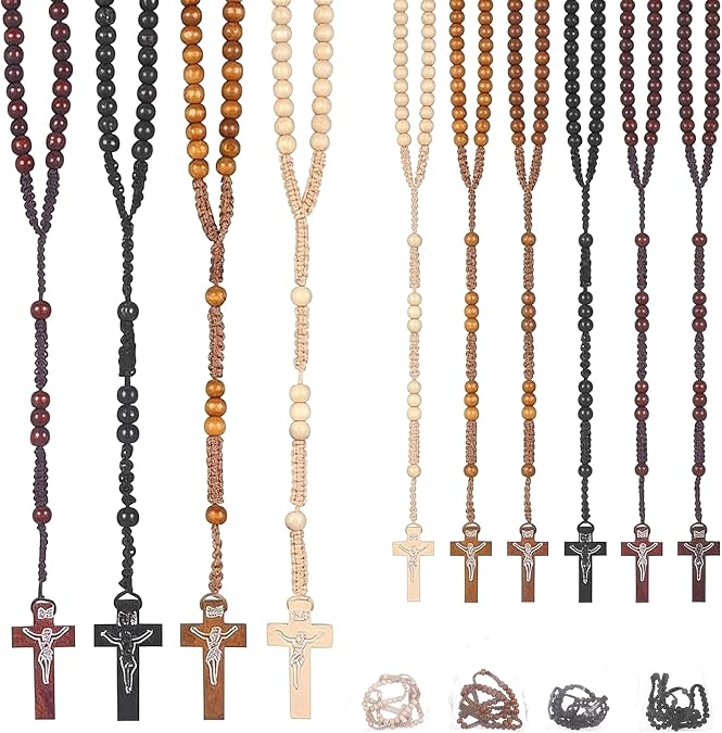 Wooden Rosary Beads Bulk,Wood Rosarios Catolicos with Jesus Holy Cross,First Communion Rosary Bulk Wooden Rosaries in Bulk With Organza Bags Rosary Catholic Baptism Church Present for Men Women