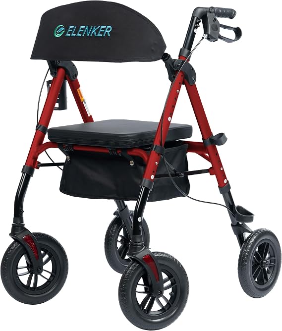 ELENKER Rollator Walker for Seniors, 10 in Non-Pneumatic Wheels, Red | Padded Seat, Extra Wide Backrest, Adjustable Seat & Handle Height, Storage Box, Cane Holder & Cup Holder
