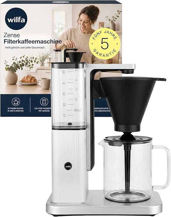 Wilfa Zense Alux Filterkaffeemaschine in Edelstahl gebürstet I ECBC-zertifizierte Kaffeemaschine mit 125L Glaskanne I Brewfresh Pumpentechnologie 92–96 °C Brühtemperatur & Aluminiumgehäuse
