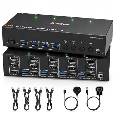 KVM Switch 3 Monitors 4 Computers 4K@60Hz, EDID Simulation, KVM Switch Triple Monitor for 4 PC Share 3 Monitorsand 4 USB3.0 Ports Keyboard Mouse Printer,with Wired Remote and 4 USB