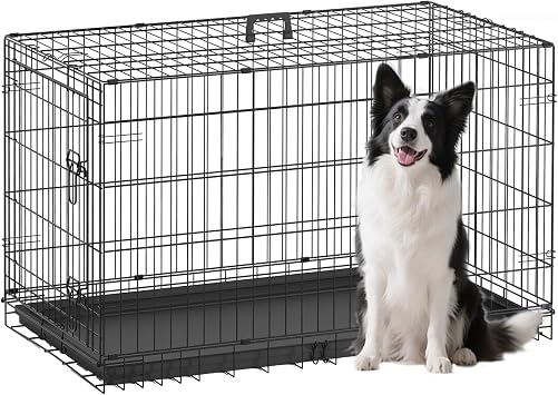 FDW Large Dog Crate 42inch Dog Cage Foldable Metal Kennel with Leakproof Tray Foldable Design Indoor Outdoor Use for Large Dogs,Black