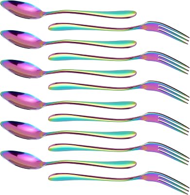 RETON 12 Pcs Dessert Forks and Spoons Silverware Set, Stainless Steel Rainbow Mini Forks and Spoons, Small Appetizer Cocktail Fruit Forks, Mini Coffee Spoons Teaspoon for Kitchen 66