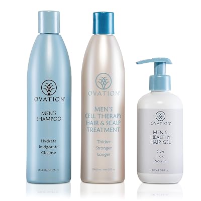 Ovation Hair Mens Cell Therapy Max Pack - Mens Shampoo 12 oz, Cell Therapy Hair & Scalp Treatment 12 oz, Mens Healthy Hair Gel 8 oz - Hair Treatment Set for Men with Fine, Short Hair