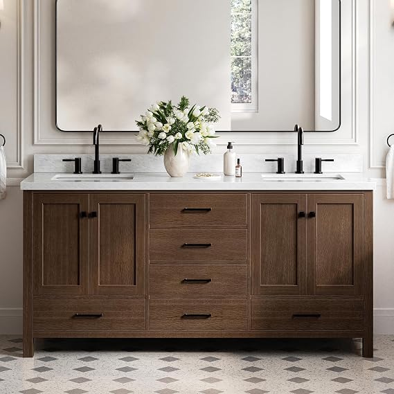ARIEL Cambridge 72-inch Bathroom Vanity with Sink,Solid Wood, 1.5-inch Italian Carrara Marble Countertop, Double Rectangular Porcelain Sink, 4 Soft Closing Doors, 6 Dovetail Drawers, Brown Oak
