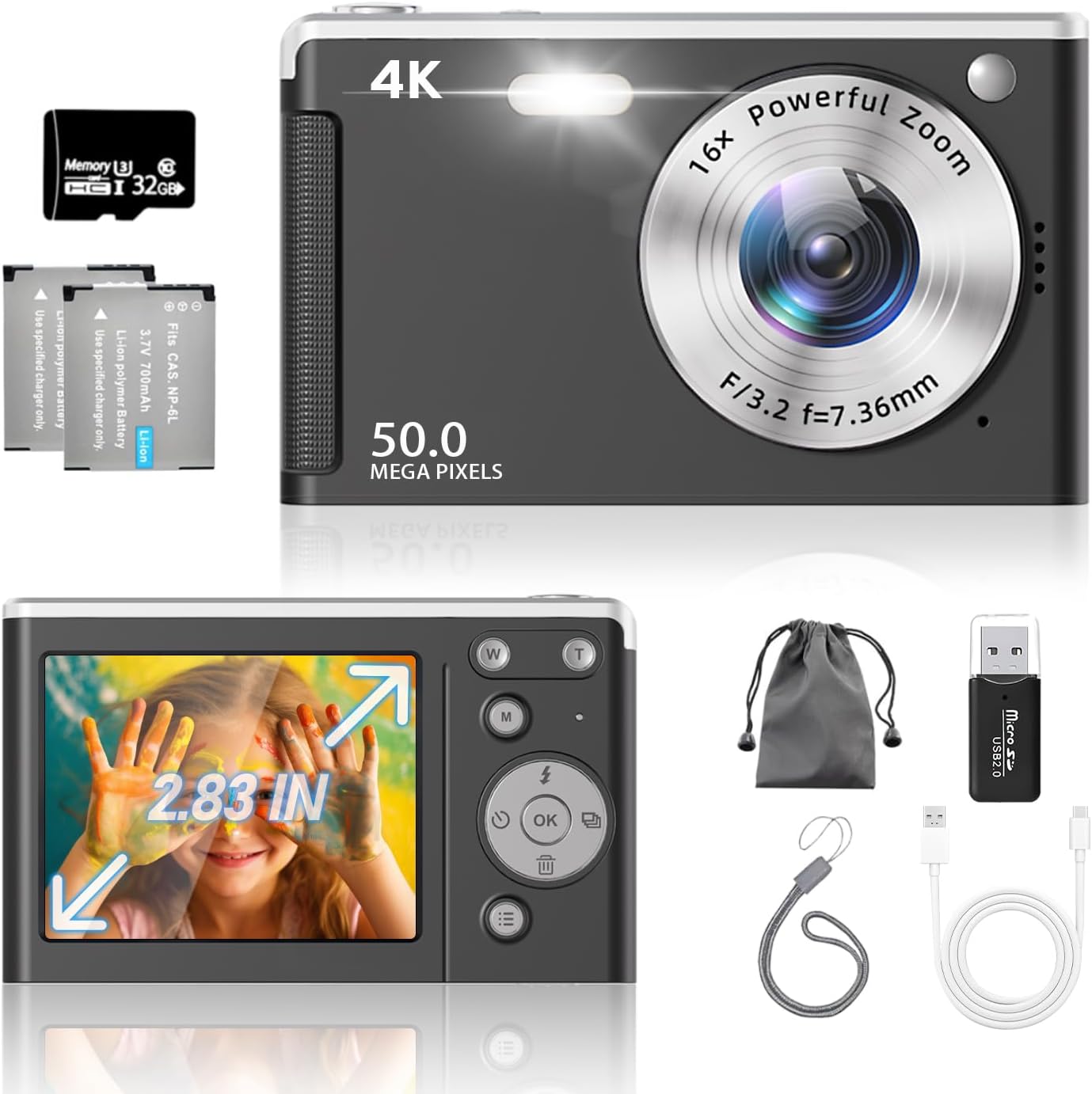 UHD 4K Digital Camera, Upgrade True 50MP Vlogging Camera with 32GB SD Card, 16X Zoom, 2.8'' IPS Screen, Anti-Shake, 2 Large Batteries, Compact Digital Camera for Kids Student Adult Beginner Black