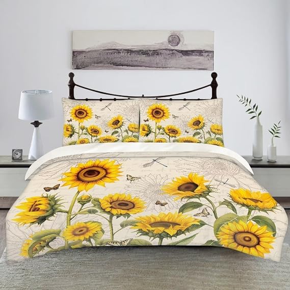 BIGCARJOB Sunflower Dragonfly Comforter Cover Set Bedding Set for Kids Teens Girls 3 Pieces Sunflower Print Duvet Cover Comforter Covers with Pillowcases,Twin Size
