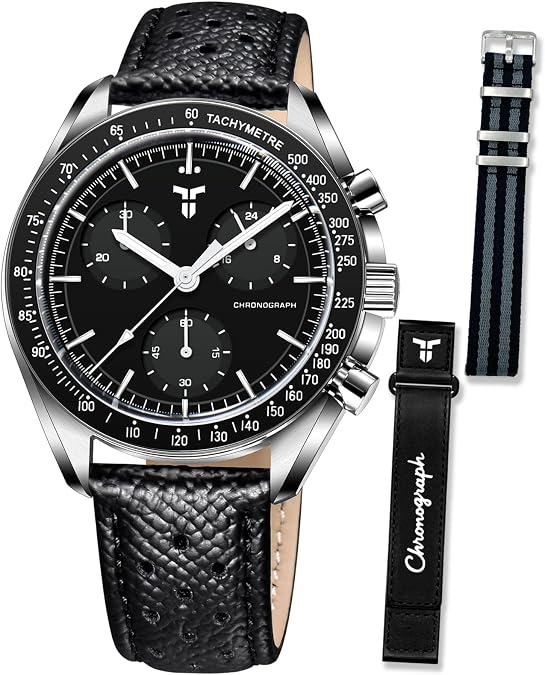 Chronograph Watch for Men 40mm Stainless Steel Sport Chronograph | Chronograph movement, stainless steel case, sapphire-coated mineral glass, 10ATM water resistance,Two straps