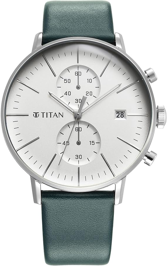 Titan Quartz Chronograph Silver Dial Leather Strap Watch for Men-NS90146SL01/NT90146SL01, Dark Green Colour, free size, Classic