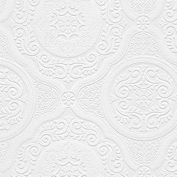 Manhattan Comfort Carter Series Vinyl Textured Paintable Floral Scroll Boarded Square Design Large Wallpaper Roll, 21" W x 33'L, White