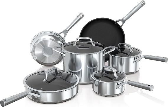 Ninja C69500 Foodi NeverStick Stainless 10-Piece Cookware Set with Glass Lids, Polished Stainless-Steel Exterior, Nonstick, Durable & Oven Safe to 500F, Silver