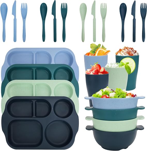 24 PCS Plastic Dinnerware Set for Adult Kids Plates and Bowls Sets