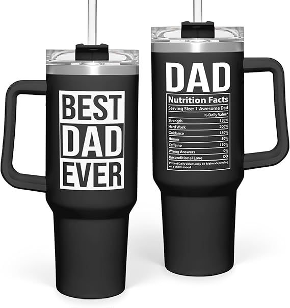 SANDJEST Best Dad Ever Tumbler with Handle 40oz Stainless Steel Insulated Coffee Cup - Gift Set with Lid & Straw for Fathers Day, Birthday, Christmas