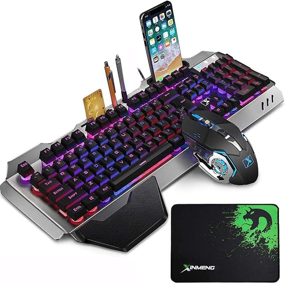 LexonElec Wired Gaming Keyboard and Mouse Sets RGB LED Backlit Metal Plate 104 Keys Hand rest Usb Gamer Light Up Keyboard 2400DPI Optical 6 Buttons PC Game Mouse + Mousepad