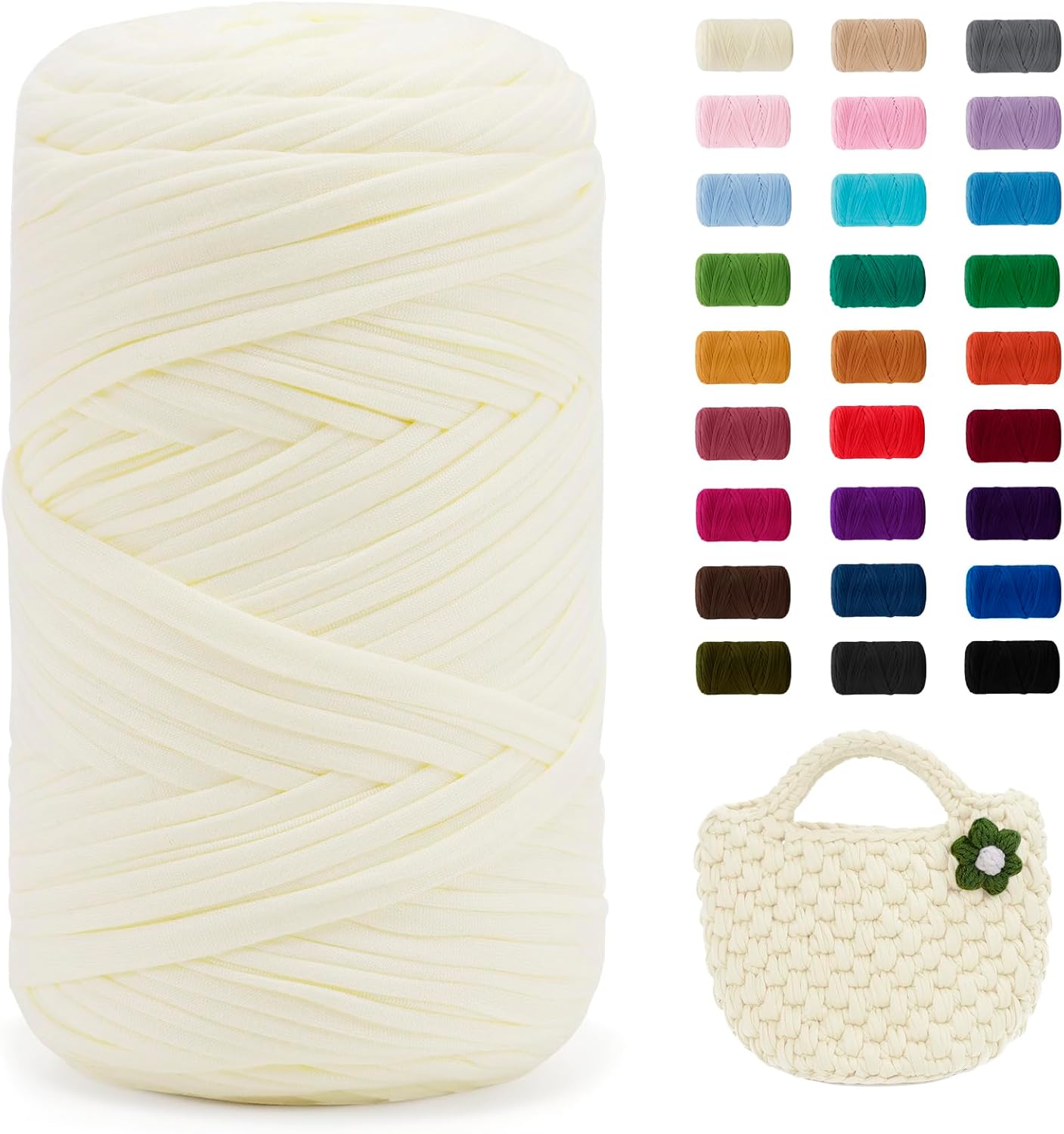 JeogYong T-Shirt Yarn, 400g/131 Yards Elastic Fabric Crochet Cloth T Shirt Yarn, Thick Hand Knitting Polyester Fabric Ribbon for Crocheting Bags/Baskets/Rugs, Home Decor, DIY Crafts (Cream)