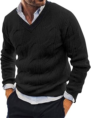 Fall Pullover Sweater for Men Cable Knit Slim Fit Stretchy Long Sleeve V Neck Casual Shirts Lightweight Comfy Thermal Shirt