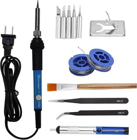 Electronics Soldering Iron Kit,60W 110V Adjustable Temperature Welding Tool Set, 5pcs Different Soldering Tips, Stand, Tweezers,Desoldering Pump,2pcs Solder Wire, Brush