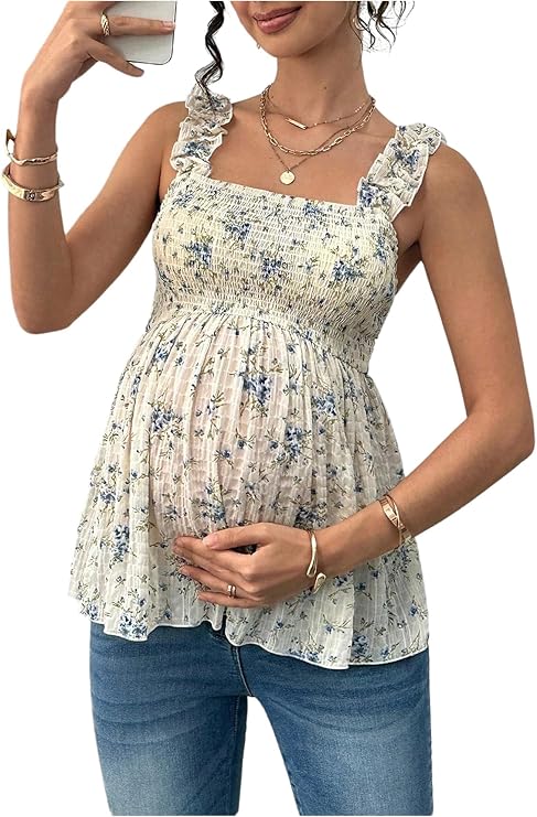SweatyRocks Women's Maternity Tank Tops Floral Babydoll Blouse Shirts Top | Shirred Ruffle Going Out Top, Summer Maternity Clothes