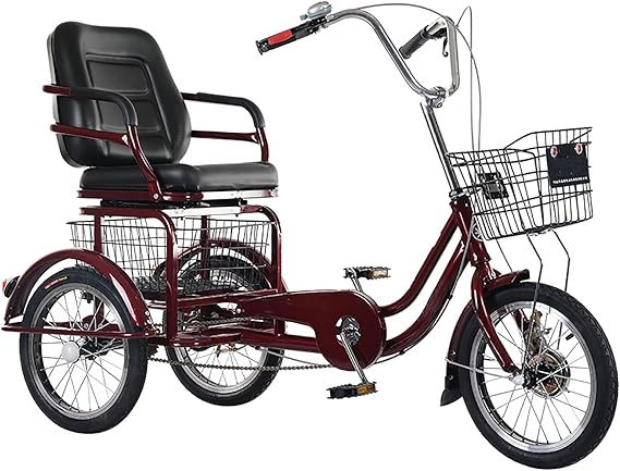 Adult Cruiser Tricycle, Adjustable Seat with Backrest, Senior Tricycle, Cargo Basket and Comfortable Seat for People Shopping, Picnic, Outdoor Sports,Red,18 inches