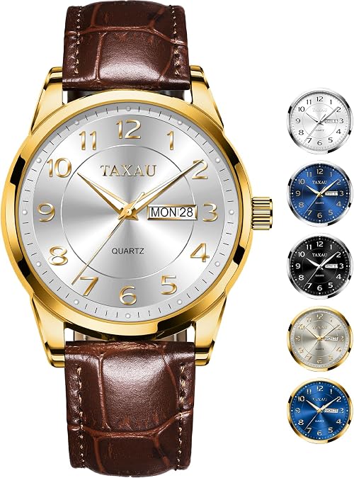 Taxau Mens Watches Luxury Dress Waterproof Leather Watch with Date Day Stainless Steel Analog Quartz Large Number Wrist Watch Casual Easy Read Gift for Him Reloj para Hombre