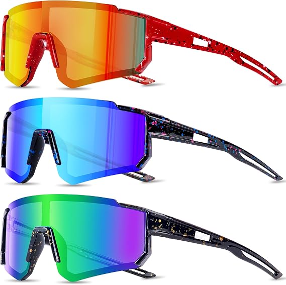 3 Pack Kids Sunglasses, Youth Baseball Sunglasses for Boys Girls, Polarized Sun Glasses UV400 Sports Cycling Shades Lightweight Frame for Kids Ages 8-14 (Red/Orange+Black/Blue+Navy Blue/Green)