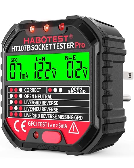 Outlet Tester Electrical GFCI Receptacle Detector with LCD Display, 90-250V Power Socket Tester, Circuit Polarity Voltage Detector, Plug Tester Breaker Finder 6 Visual Indication CAT II 300V (US Plug)