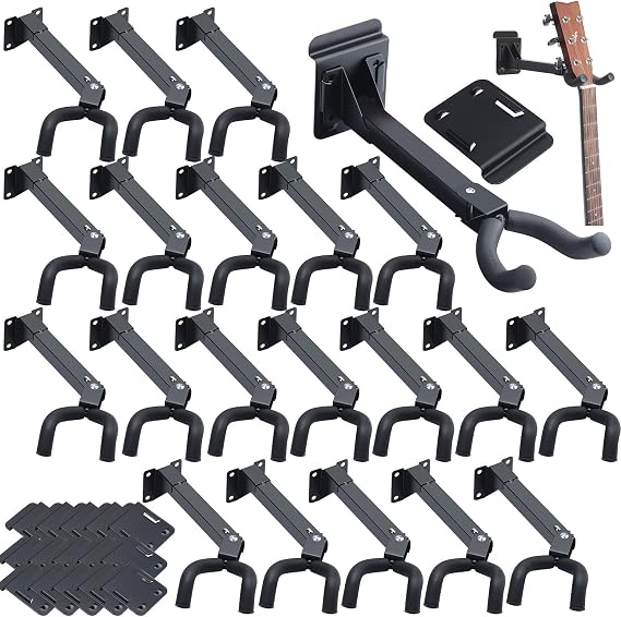 Therwen 20 Pcs Guitar Hanger Wall Mount Guitar Hangers Hooks Holders with Slat Adapter 180 Adjustable Black Hook Stand Wall Mount for Acoustic Electric Bass