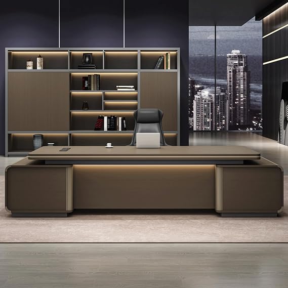 Modern Business L-Shaped Executive Desk, Brown Wood Large Home Computer Office Desk with Storage Built-in Cable Box Business Workstation Set for CEO, Boss