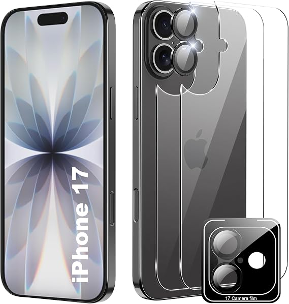 for iPhone 17 6.3 inch Screen Protector,[2+1 Pack] Back Screen Protector+Camera Lens Protector,Tempered Glass,Bubble-Free,Anti-Scratch